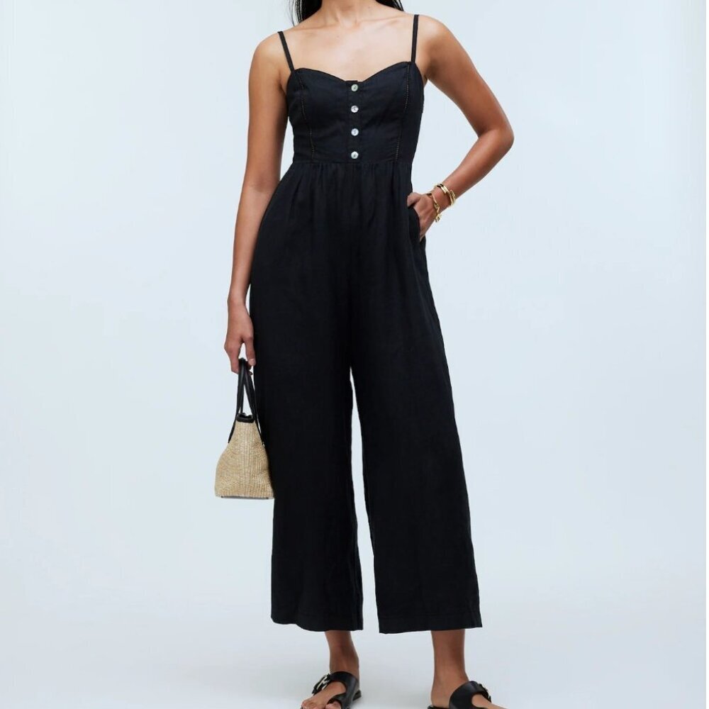NWT Madewell Sleeveless Wide-Leg Linen Jumpsuit Black Sz 14